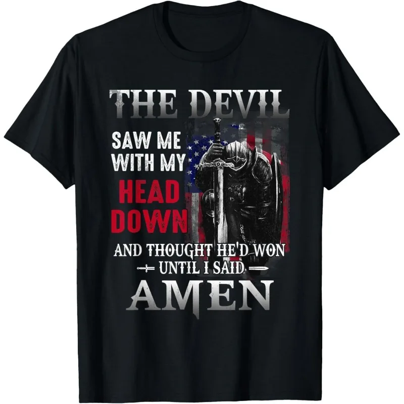 

Patriotic Christian Graphic Tee Knight Kneeling With Sword Amen Quote Shirt USA Flag Faith-Based Unisex T-Shirt