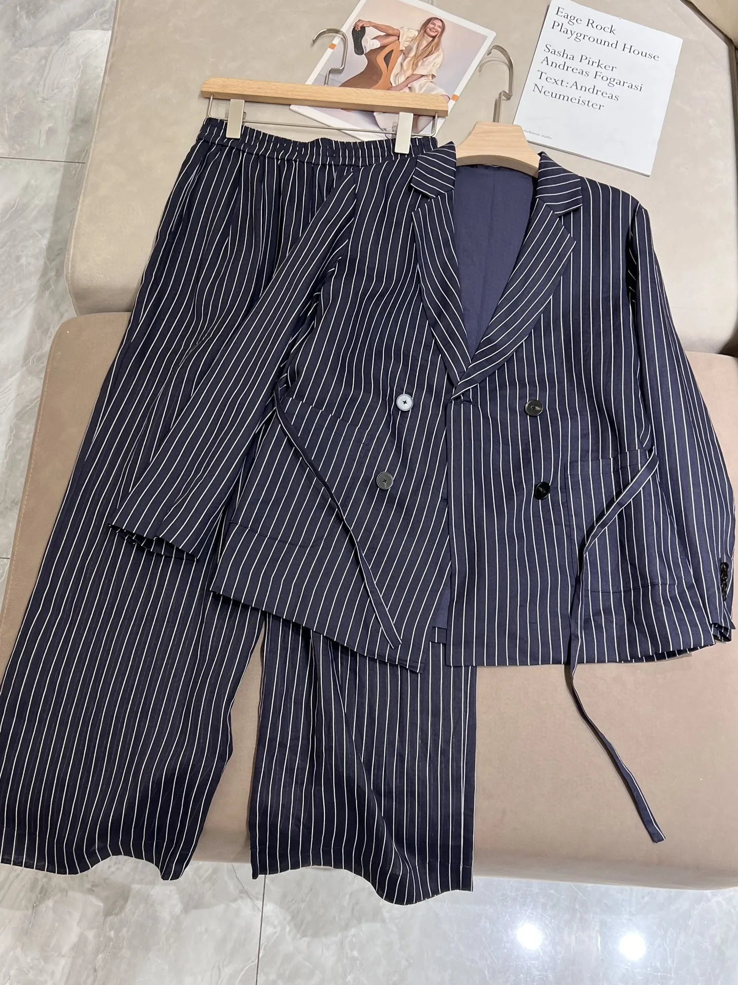 Spring summer striped 100% ramie cotton blend casual pant suit