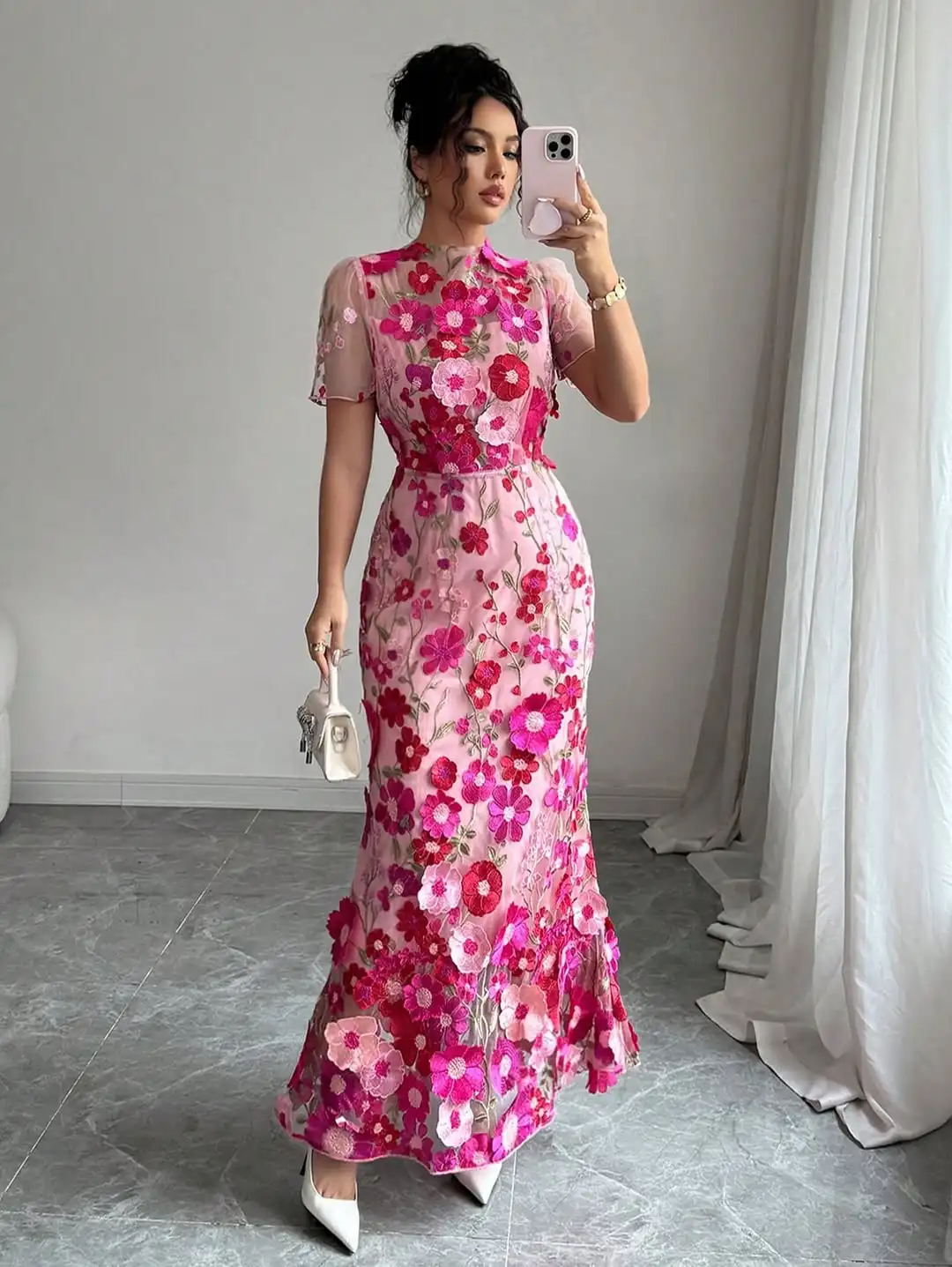 MD New Modern 3D Lace Evening Gown Mermaid Ankle-Length O-Neck Short Sleeves Prom Down فستان حفلة موسيقية customised 2025