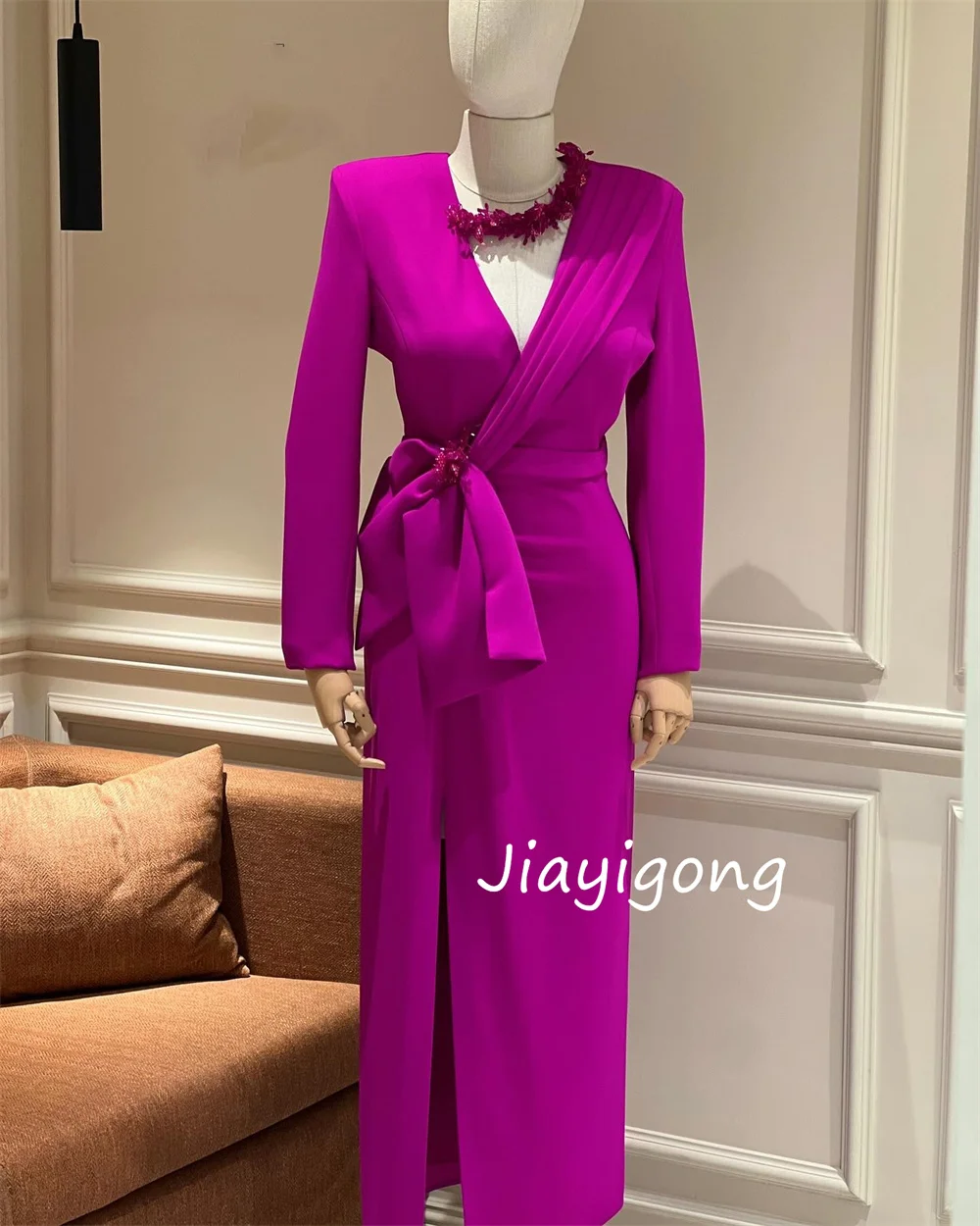 Customized Matching Jersey Pleat Sequined A-line V-neck Midi Dresses Bespoke Occasion High Quality Fashion Classic