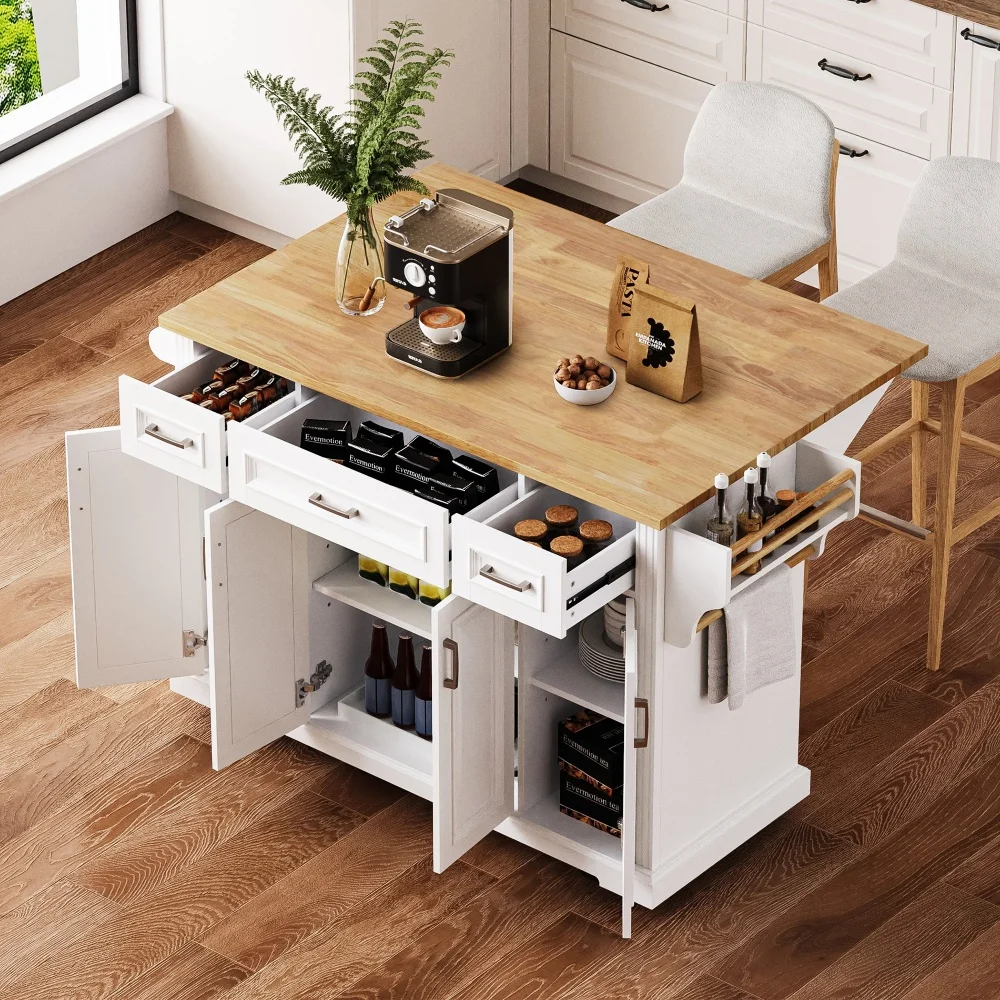 M Modern Kitchen Island with Power Outlet Rolling Cart on Wheels with Drop Leaf 5 Open Side Racks 3 Drawers MDF Easy to Clean