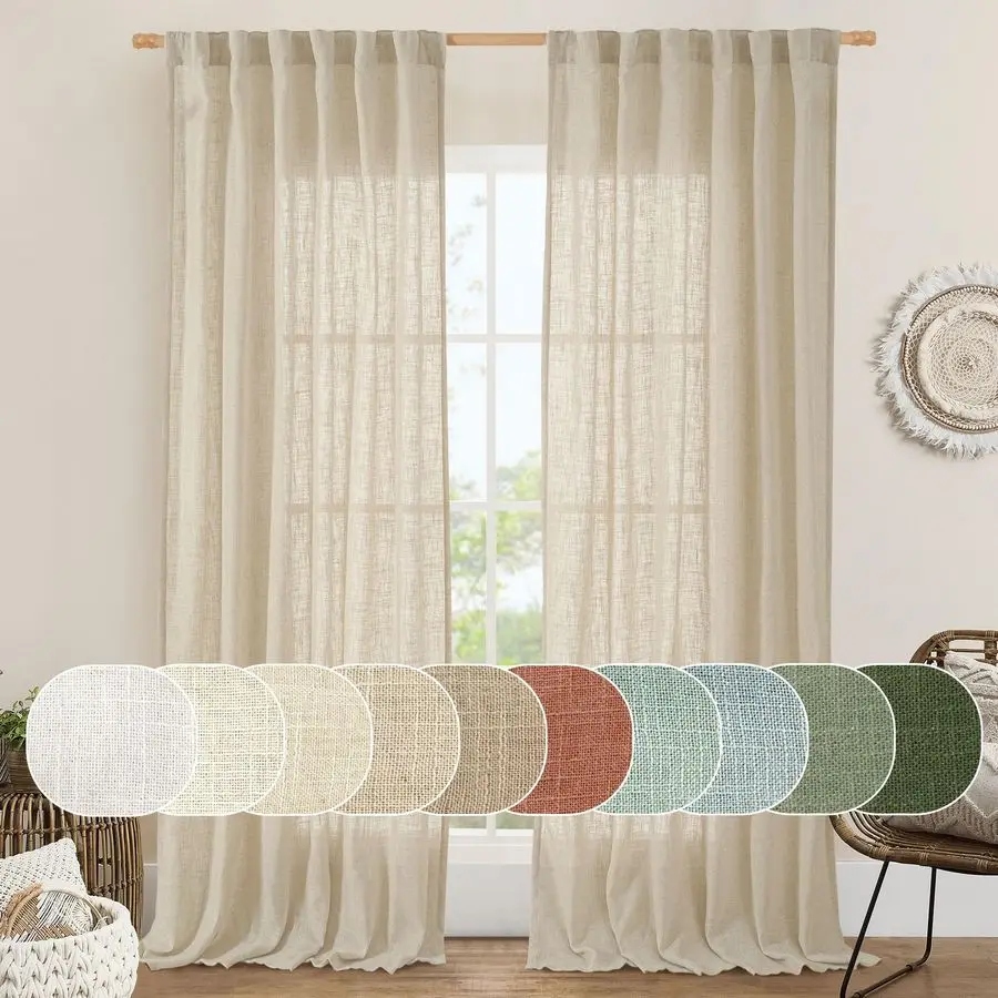 Cortinas de lino con filtro de luz de 84 pulgadas de largo para dormitorio, con textura de lino sintético, semitransparentes, con presillas traseras y bolsillo para barra, estilo bohemio.