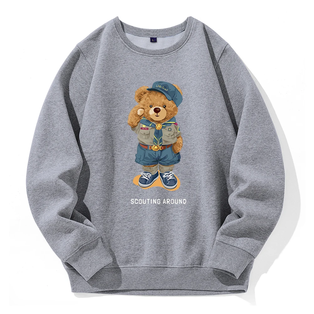 Cute Teddy Bear Salute Scoring Around Men Hoodies Crew Neck Basic Warm Hoody Loose Oversized Fleece Hoodie O-Neck Casual Clothes