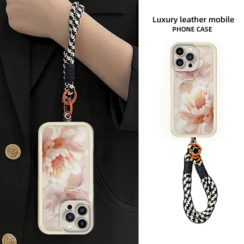 Flower Case For iPhone 16 Pro Max 15Pro 14 13 12 11 Pro XS 7 8 Plus 5 SE Case Lanyard Bracelet Soft Silicone Leather-Grain Cover