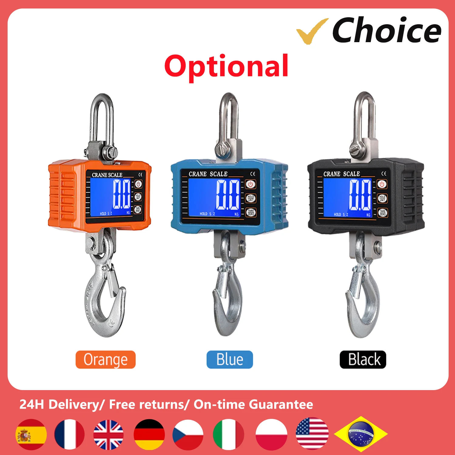 Digital Hanging Scale 1000kg/ 2204lbs Portable Heavy Duty Crane Scale LCD Backlight Industrial Hook Scales Unit Change/ Data Hol