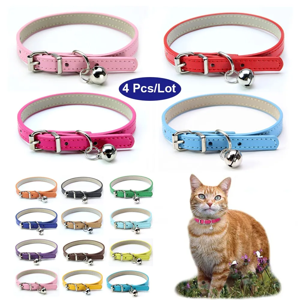 

4PCS Solid Color Leather Cat Dog collar with bell Adjustable Puppy Collar For Small Medium Large Dog Kitten Necklace Accessories