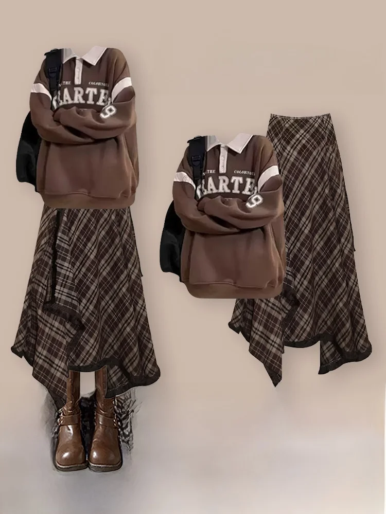 

High Waist Plaid Skirt And Hoodie Two Piece Set Contrast Color Neck Sweatshirt Women's Casual Style Autumn Winter F...