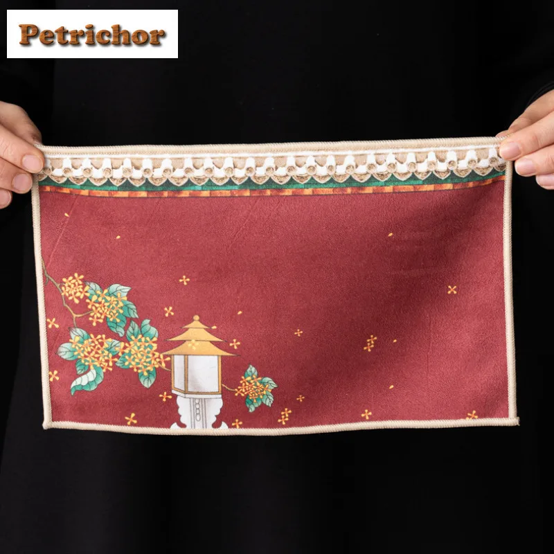 Colored Drawing Rectangular Red Tea Towel Vintage Teapot Cleaning Cup Mat Napkins Household Cloth Ceremony
