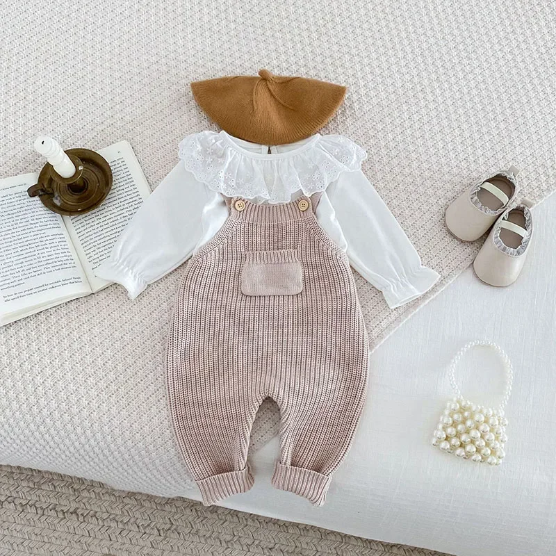 

MILANCEL Baby Rompers New Autumn Infant Girls Overalls Pocket Shoulder Strap Pants Korean Style Toddler Knitted Jumpsuit