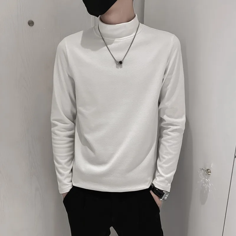 2025 Spring New Men's High Neck T-shirt Long Sleeve Slim Fit Solid Color High Elastic Bottom Pullover Basic Men's Top