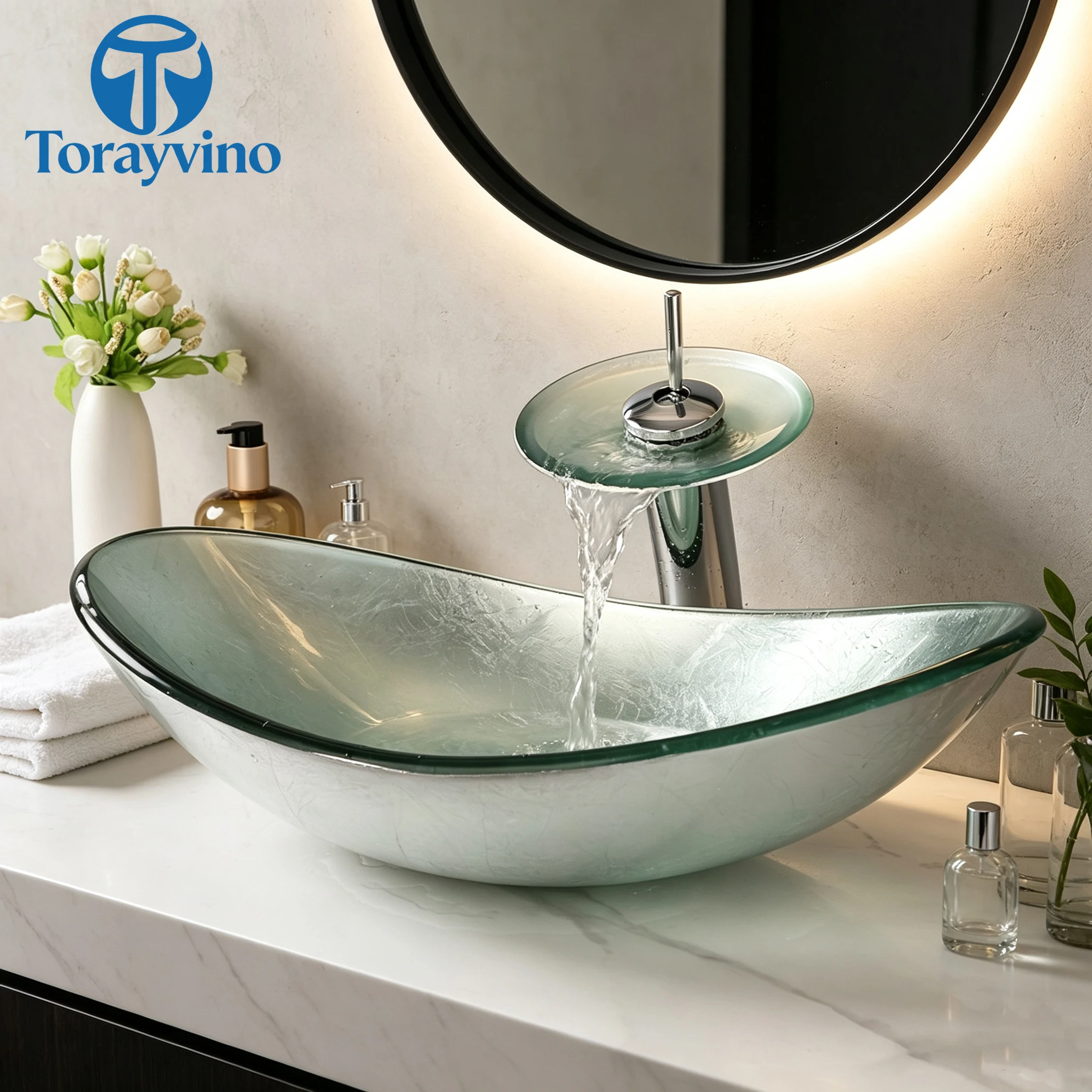 Torayvino Bathroom Oval Washbasin Countertop Tempered Glass BasinFaucet Set Brass Faucet Washroom Vessel Sink Vanity Combo tap
