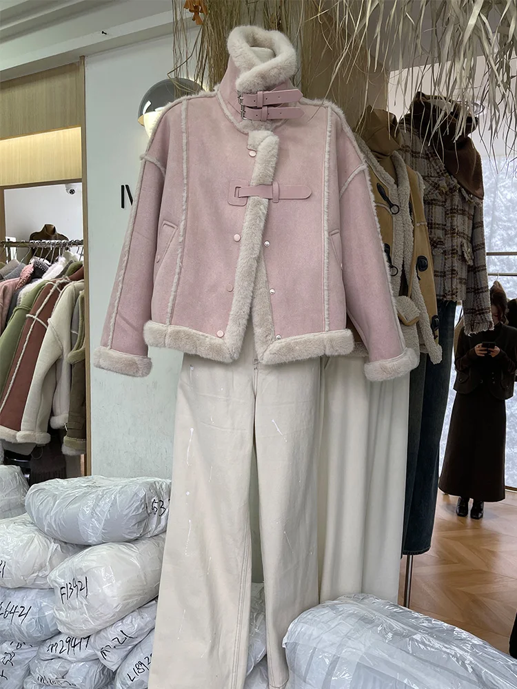 

Pink Lamb Fur ort Jaet Women's Biker Sle Outerwear Inteated Leather And Fur Spring Clothes Small Fraance Sle