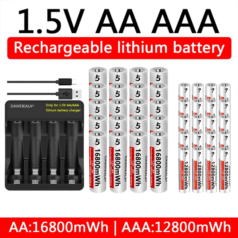 AA Battery 16800mWh and 1.5v AAA Lithium Rechargeable Batteries 12800mWh for Remote Control Toys Keyboards & Wireless Mice