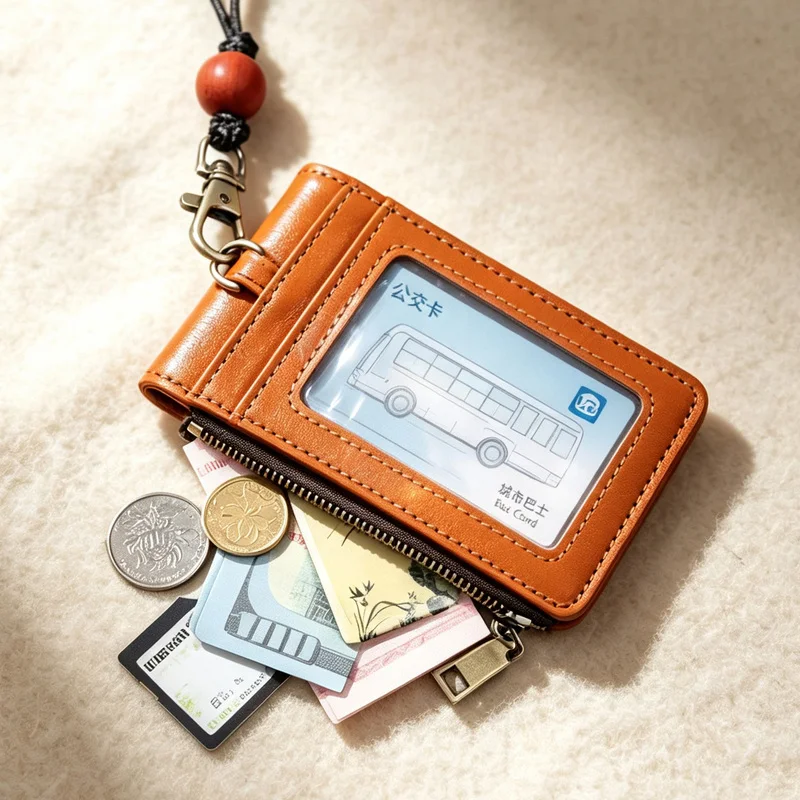 Genuine Leather Multifunctional Name Badge Holder Work Card Holders Lanyard Bank Credit Card Bag With Coin Zipper Pocket