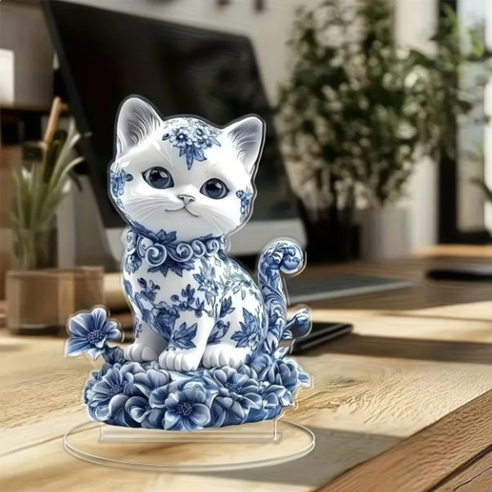 

2D Blue White Porcelain Cat Ornament With Acrylic Bracket - Waterproof Multi Functional Home, Office, And Caf Stand Ornaments