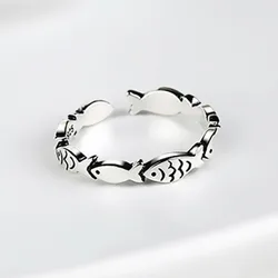 Original Design Retro Small Fish Bead Couple Rings for Women Men Personality Stainless Steel Opening Finger Jewelry Colorfast