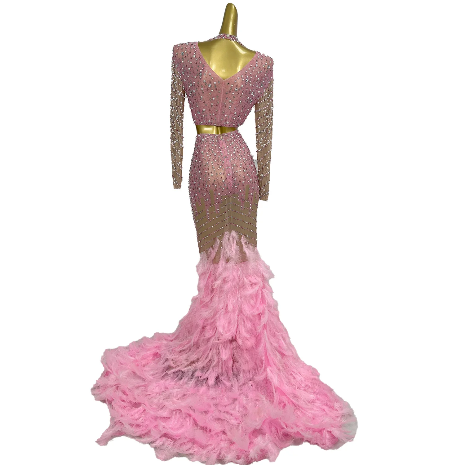 

Women Formal Couture Feather Evening Dress Crop Tops Long Skirt 2Pieces Set Birthday Pearls Outfit Festival Costume Fentiyumao