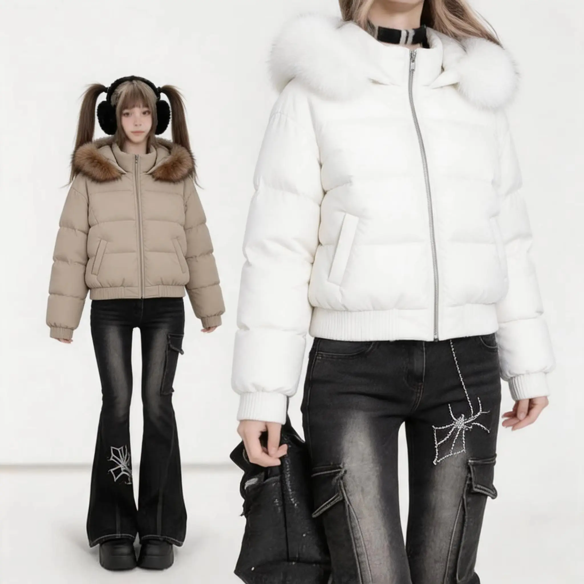 American Vintage Y2K Korean Style Women Faux Fur Collar Cotton Padded Parka Warm Loose Autumn Winter Casual Outwear Coat