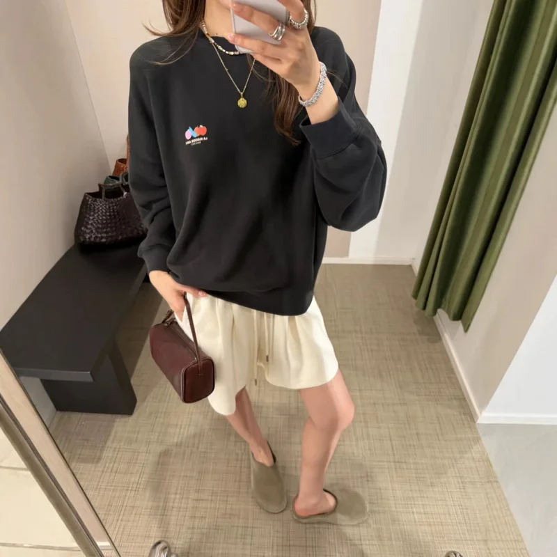 QICHE 2026 Women Crew Neck Sweatshirt, Loose Drop Shoulder Lazy Style Fruit Print Pullover Top Multi Colors For Fall Winter