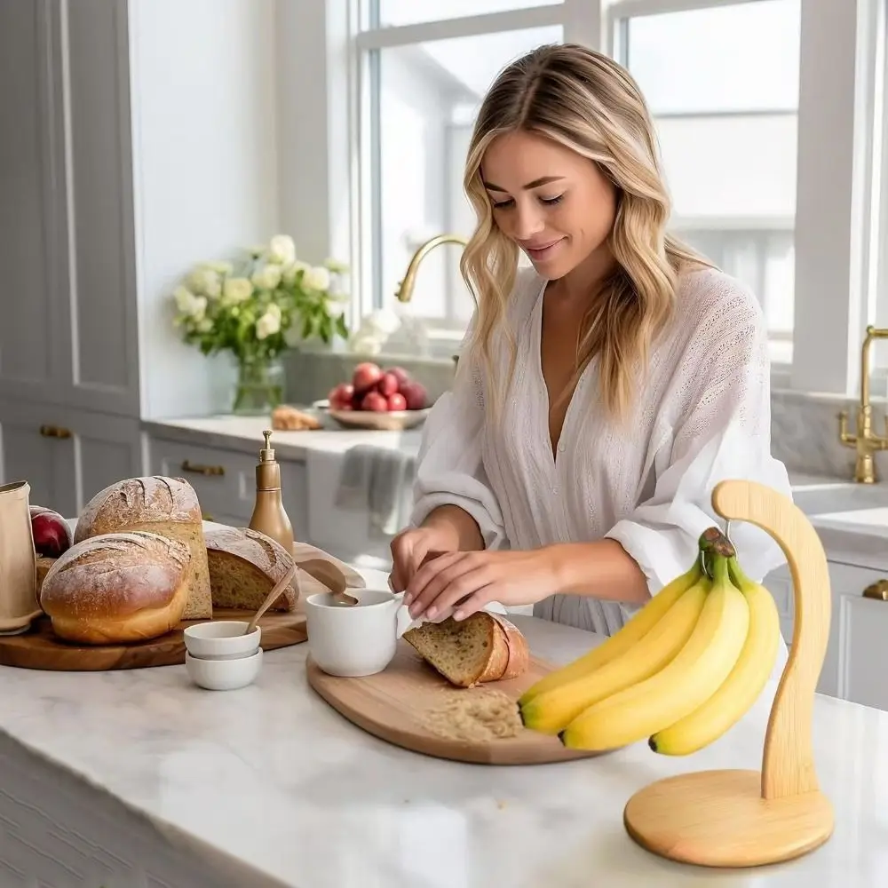 Creative Wooden Banana Rack Keep Bananas Fresh with Hook Fruit Display Hanger Space Saving Smooth Fruit Vertical Storage Rack