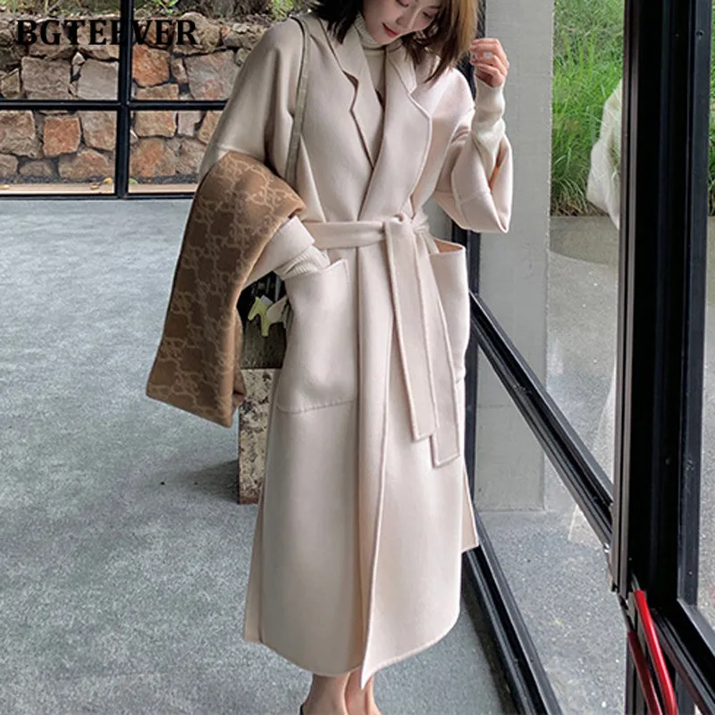 

BGTEEVER Winter Warm Thicken Ladies Woolen Coats Elegant Full Sleeve Loose Pockets Lace-up Women Blend Coats