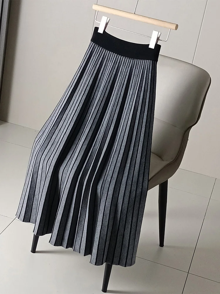 Wool Blends Striped Pattern Knitted Long Skirt for Women High Waist Reversible Pleated Swing A-Line Skirts 2023 Fall Winter K326