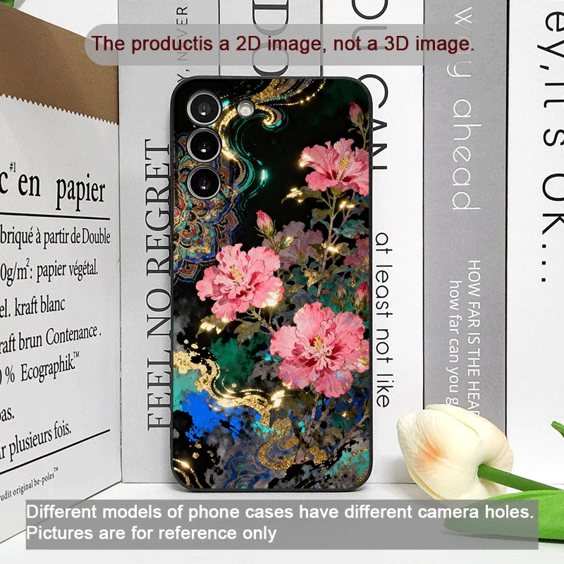 Retro Flower Hibiscus Golden Ink Painting Phone Case for OPPO Reno 13 12 F 11 10 Pro Plus Find X5 X3 Lite X7 PRO 5G Soft Covers