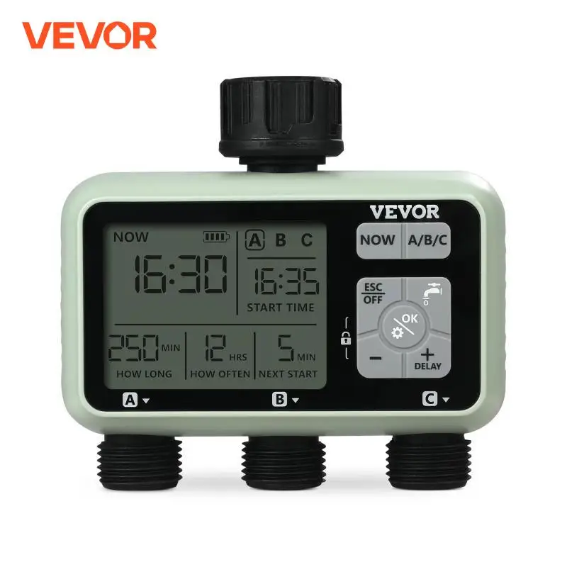 VEVOR Water Timer 3 Outlets Hose 3 Independent Watering Zone LCD Display Rain Delay Mode Manual Mode, Watering Sprinkler Timer