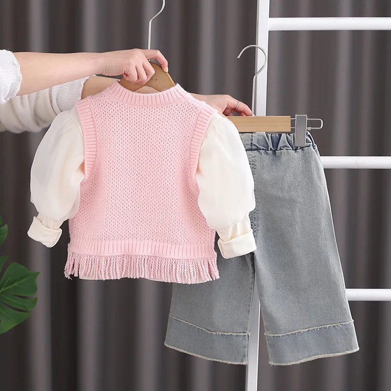 3PCS Spring Fall Kids Girls Clothes Korean Fashion Cute Cherry Baby Tops+Knit Vest+Loose Jeans Toddler Boutique Clothing BC2269