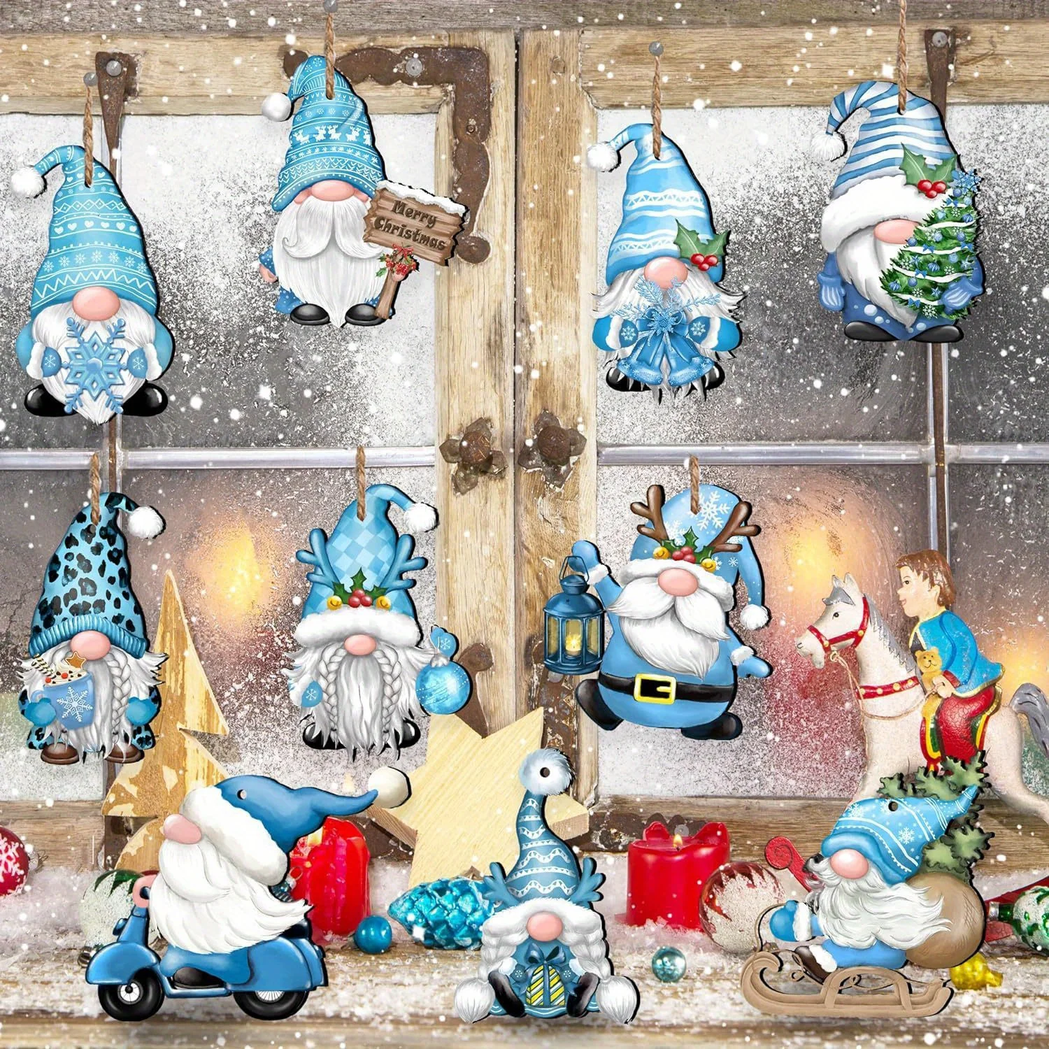 24pcs,  Dwarfs Blue Style Wooden Hanging Ornaments, Party Decor, Holiday Supplies, Tree Decorations,Yard Decoration Holiday