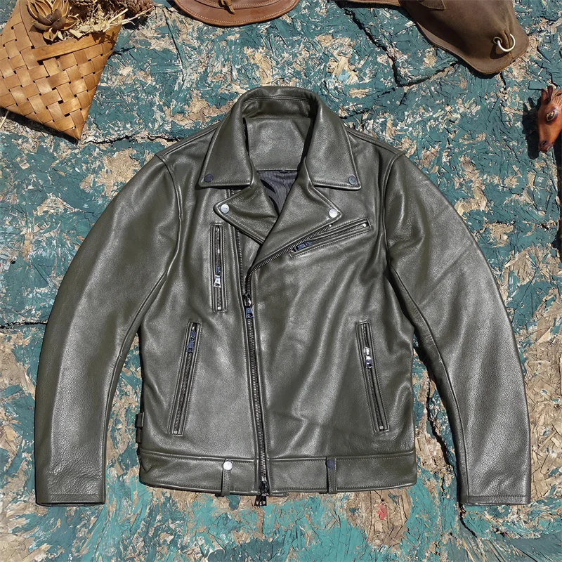 

The first layer of gray-green imported cowhide leather jacket male OEM oblique zipper locomotive model
