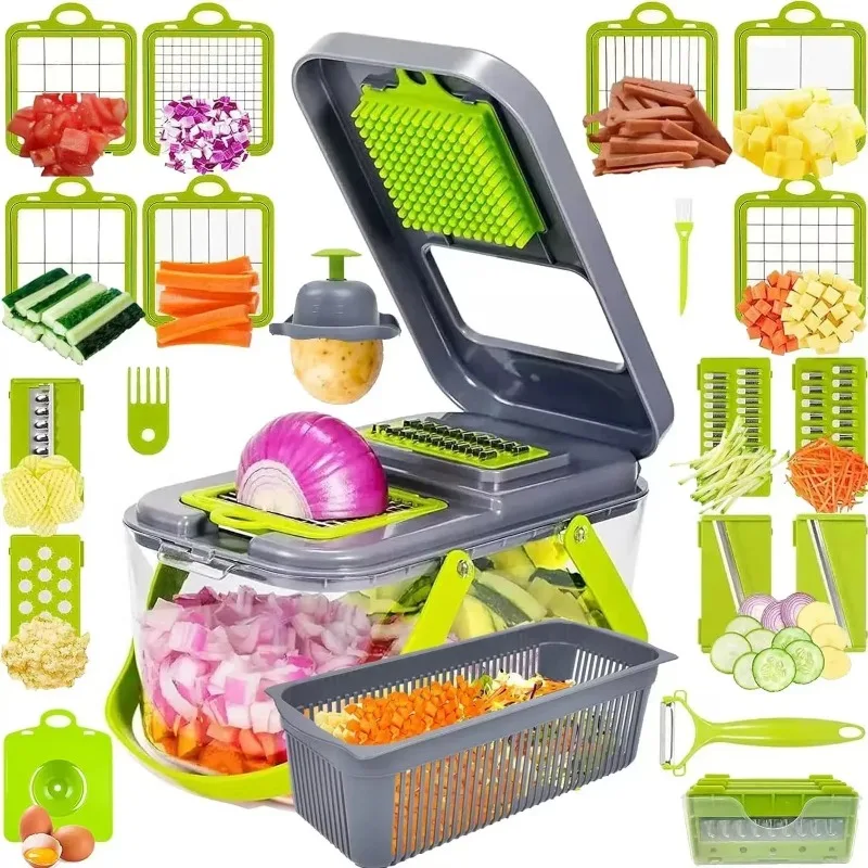 Picador de verduras multifunción 22 en 1, rebanador de mandolina, cortador de cebolla, rallador de alimentos con cesta de drenaje y contenedor, accesorios de cocina