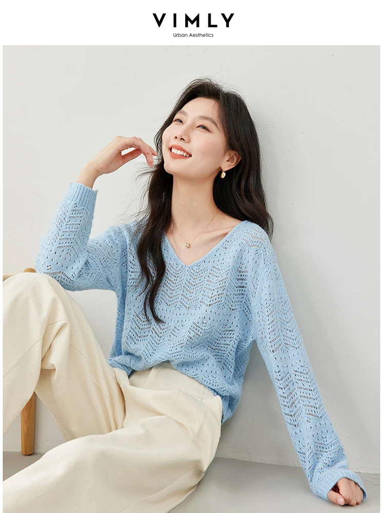 Vimly Blue V-neck Hollow Out Knitted Top 2024 Spring Wool Blend Women\'s Long Sleeve Tops Casual High Strecth Knitwears 72902