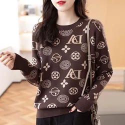 Autumn and Winter Fashion Trend Round Neck Pick Colored Flower Loose and Versatile Western Women's Knitted Long Sleeve Sweater