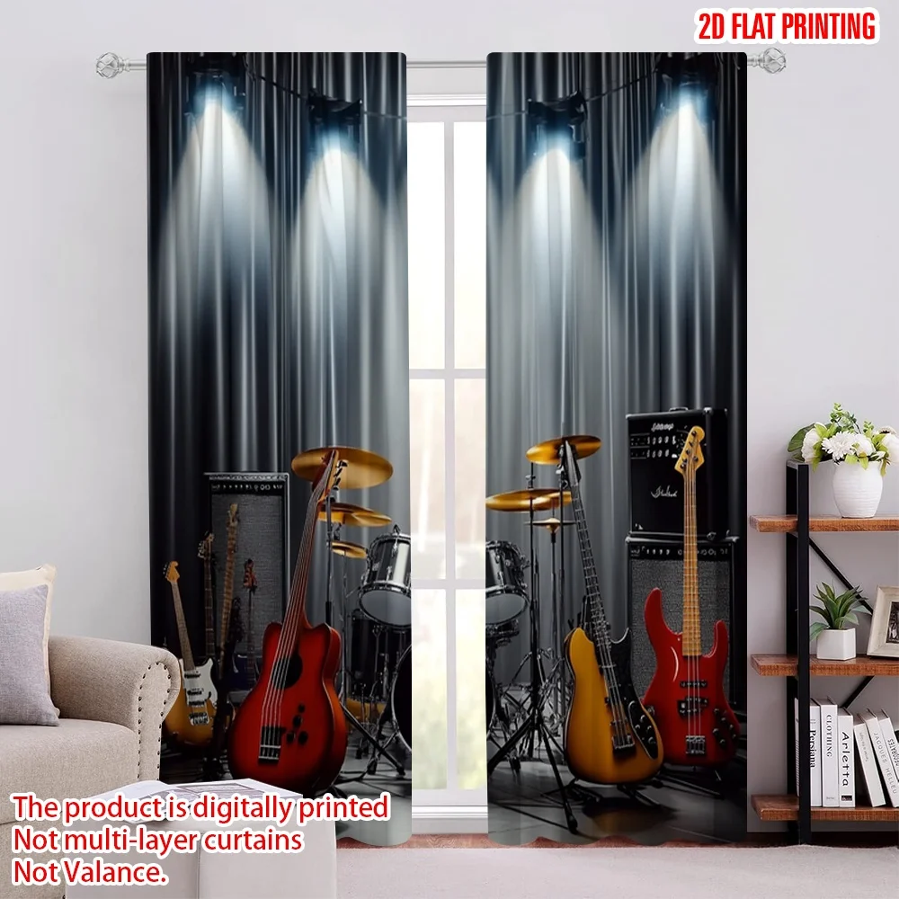 2pcs Window Drapes Rock Band Themed Machine Washable Fabric,Without Electricity Festive Backdrops Applies to Decorations