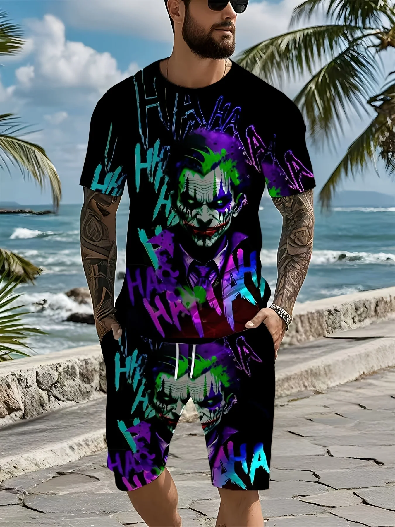 

Digital Printed Clown Summer Pattern Men's Casual Two-piece Round Neck Short Sleeved T-shirt and Shorts Regular Outdoor Set