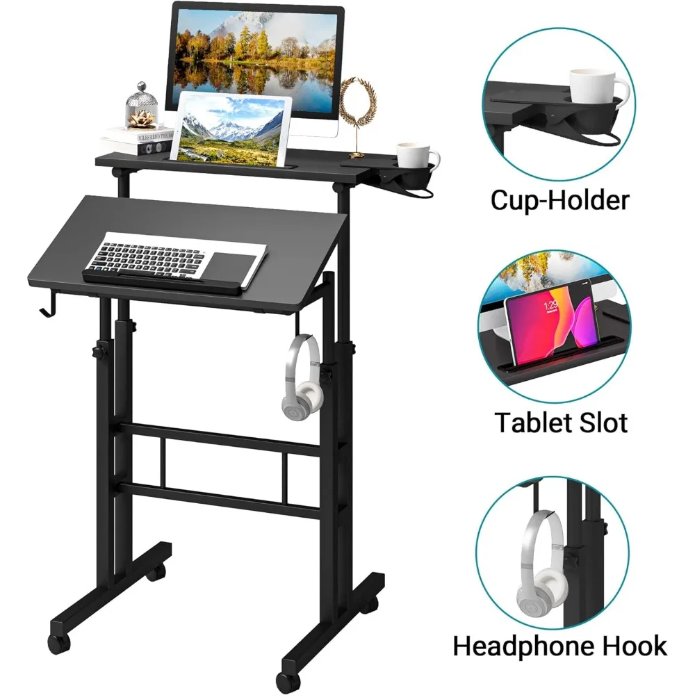 Altura ajustável em pé Desk com suporte para copo, preto, portátil, fácil de mover, ideal para casa ou escritório