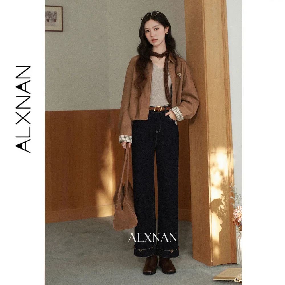 ALXNAN Dark Blue Vintage Jeans Women 2026 Autumn High Waist Wide-leg Long Pants Straight Loose-fit Baggy Denim Pants L68023