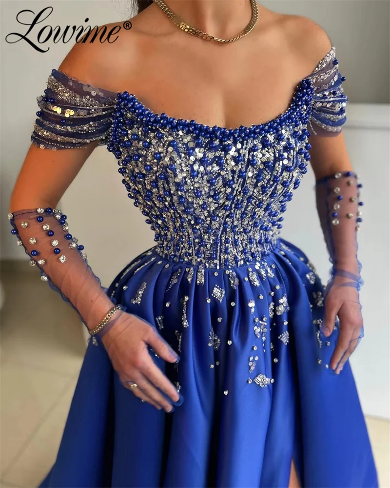 Royal Blue Beaded Aso Ebi Crystals Puffy Prom Dresses Satin Evening Party Second Reception Birthday Engagement Gowns With Split