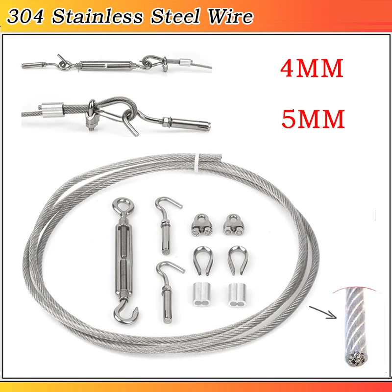 4/5mm 2-15m 304 Stainless Steel PVC Coated Heavy Duty Cable Rope Garden Wire Cable Railing Wire Fence Roll Kits for Tent Rope