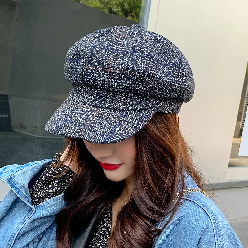 COKK Newsboy Cap Hat Women Winter Autumn Thickened Plaid Woolen Octagonal Hats For Women Casual Beret Ear Protection Painter Cap