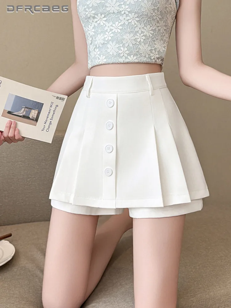 

Белые летние женские юбки-шорты в стиле преппи с пуговицами, с высокой талией, повседневные, милые, офисные, плиссированные юбки для женщин
