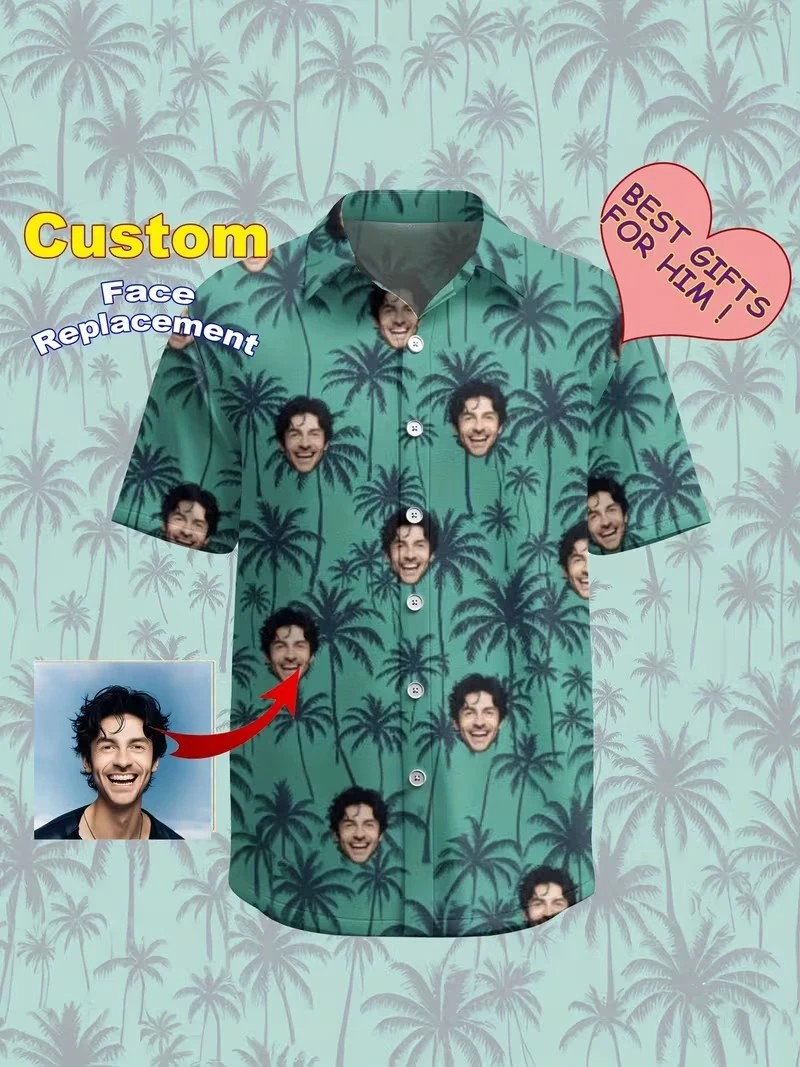 

Гавайская рубашка с индивидуальным лицом для мужчин и женщин, персонализированный Гавайский подарок для подруги, парня, блузки на пуговицах с тропическим кокосом