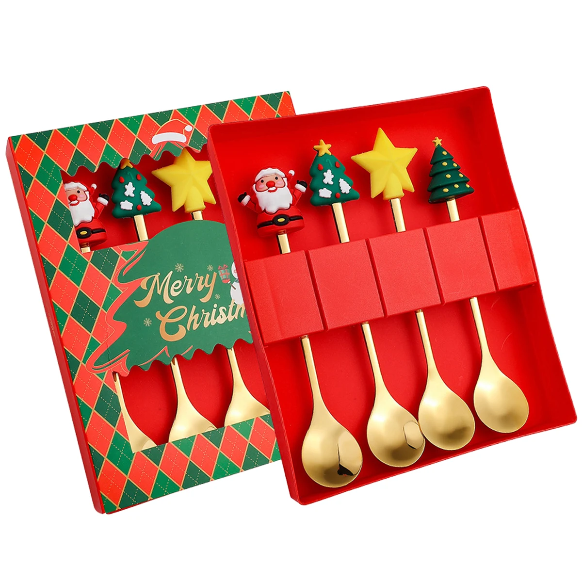 4 stücke Gold Edelstahl Geschirr Weihnachts feier Geschirr Set mit Geschenk box Weihnachts baum Dessert Gabel Löffel Besteck Set