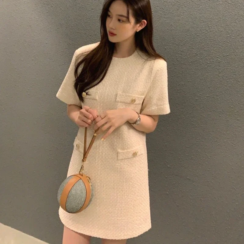 Simple O Neck Short Sleeve Elegant Tweed Dress Women Summer 2024 Vintage All Match Loose Robe Femme Korean Style Chic Vestidos