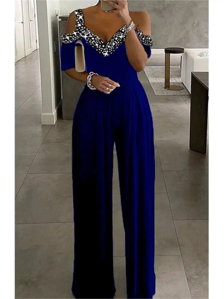 

Summer Women'S Jumpsuit V Neck Sleeveless Print Off Shoulder High Waist Wide Leg Pants Jumpsuits Female Elegant Ladies Jumpsuit