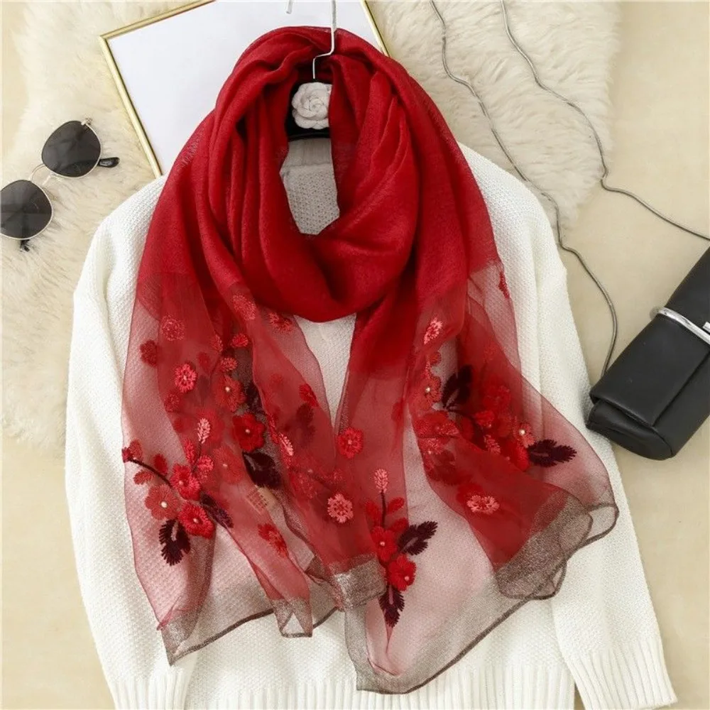 

Summer Silk Wool Embroidered Scarf Flower Luxury Satin Beach Shawl Sun-Resistant Smooth Evening Accessories Scarf Women