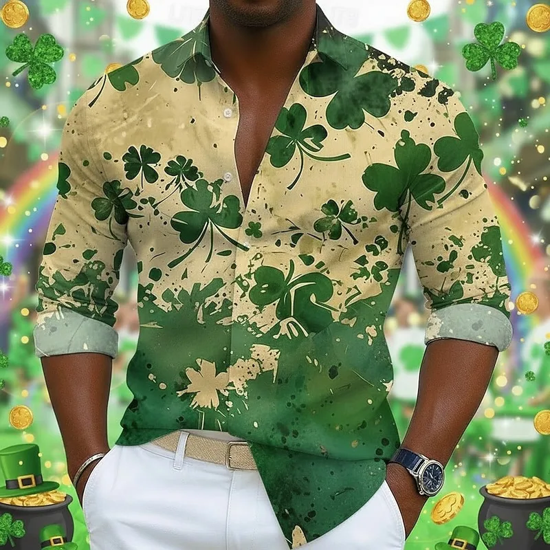 New men's 3D Gold Coin Printed Long Sleeved Shirt With Clover Pattern Casual Button Up Long Sleeved Shirt Top