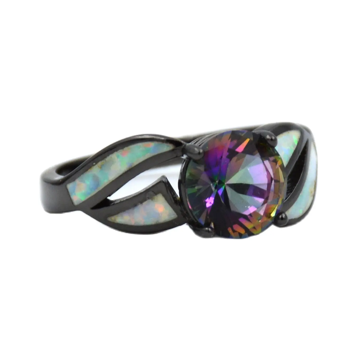 Mystic Rainbow Stone Black Gold Plated Opal Ring