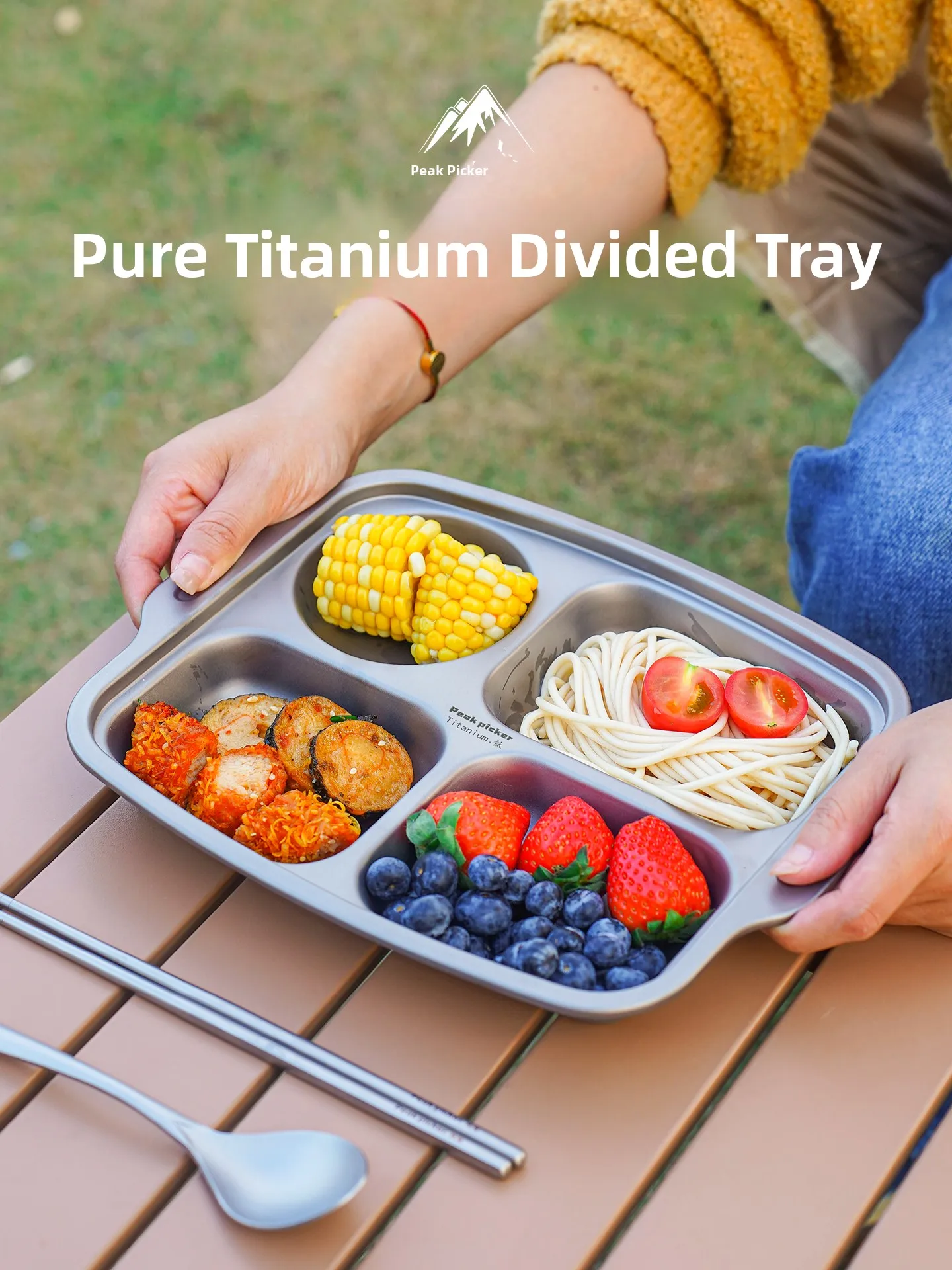 

High-End Pure Titanium Thickened Four Grid Large Fast Food Plate Adult Student Child Canteen Lunch Box Durable Outdoor Picnic...